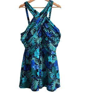 Swimsuits For All 24W Tropical Floral Swim Dress One Piece Skirted Twist Front